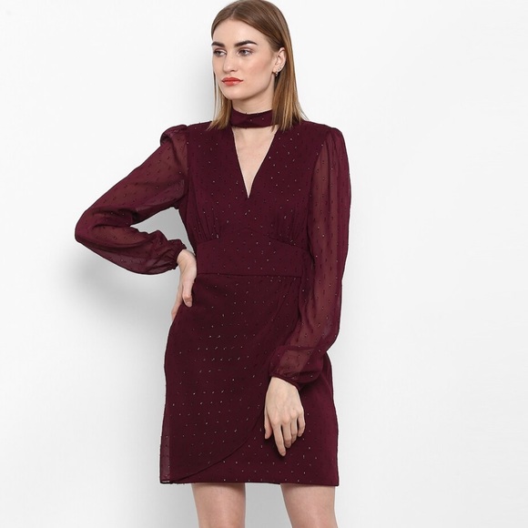 forever new wine colour Delilah metallic halo neck dress - Picture 5 of 9